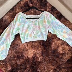 FOR LOVE & LEMONS Cropped Button Up Cardigan White with Spring Colors, Medium